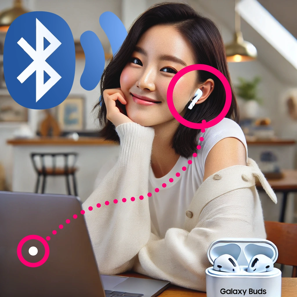 블루투스 이어폰을 노트북에 연결해서 음악을 듣고 있는 여자